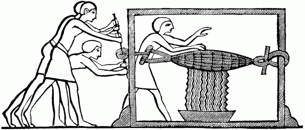 Line drawing of men pressing oil in an oil press