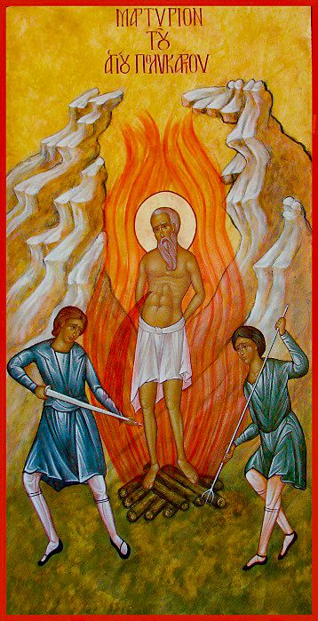 icon of a man (saint polycarp) in a loin cloth standing in the center of a fire with lines indicating smoke sourund the image. A man with a sowrd stands tot he left and a man with a spear stand to the right of the fire.